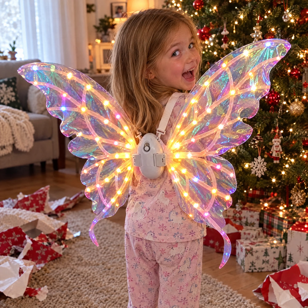 A girl in fairy wings on Christmas morning