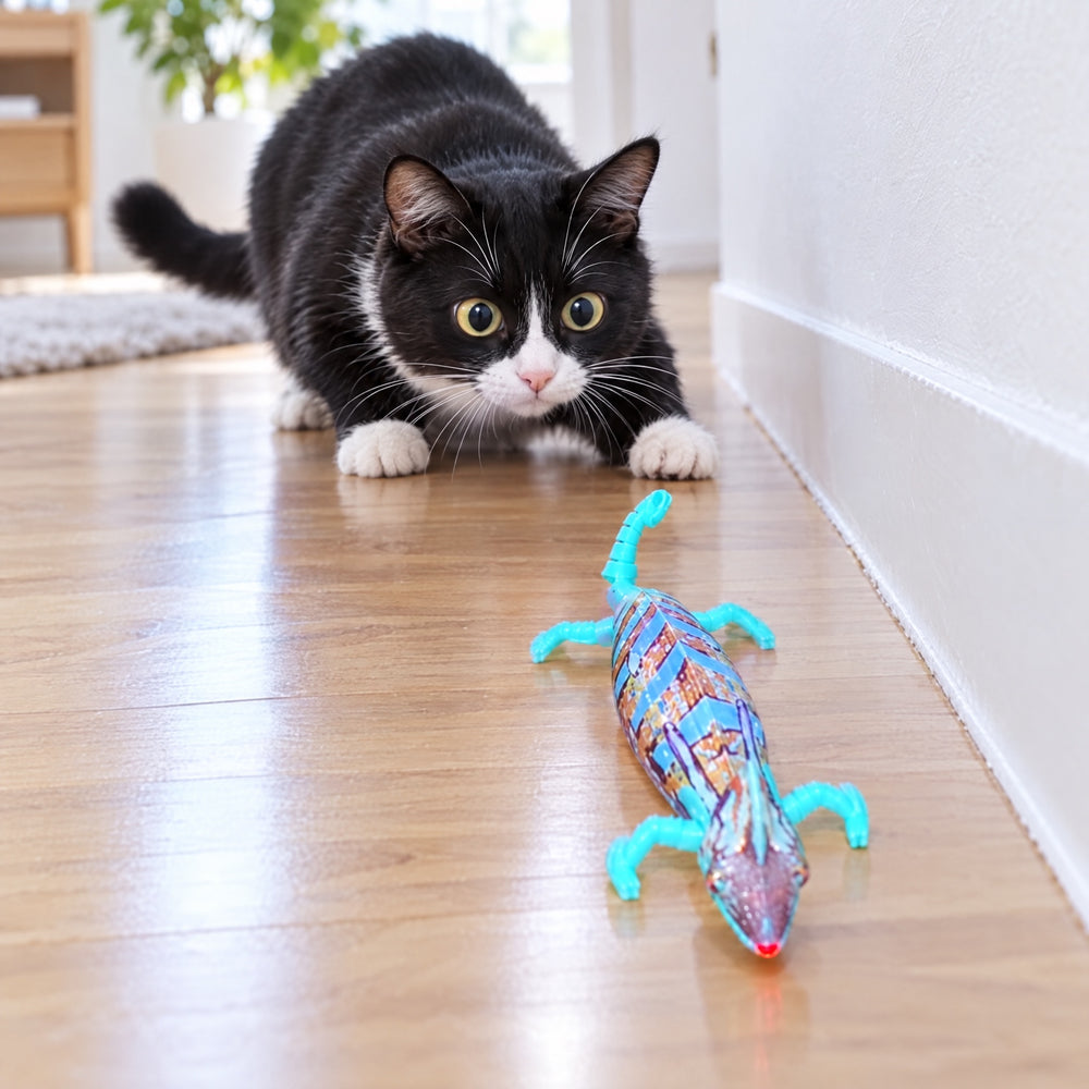 A cat about to pounce on the chameleon