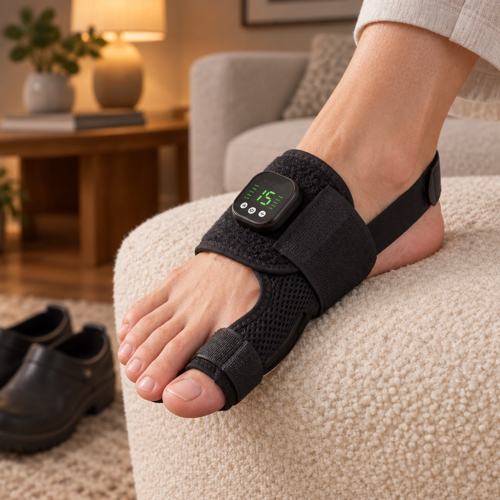 The wrap on a foot, seated on a sofa, work shoes on the floor nearby