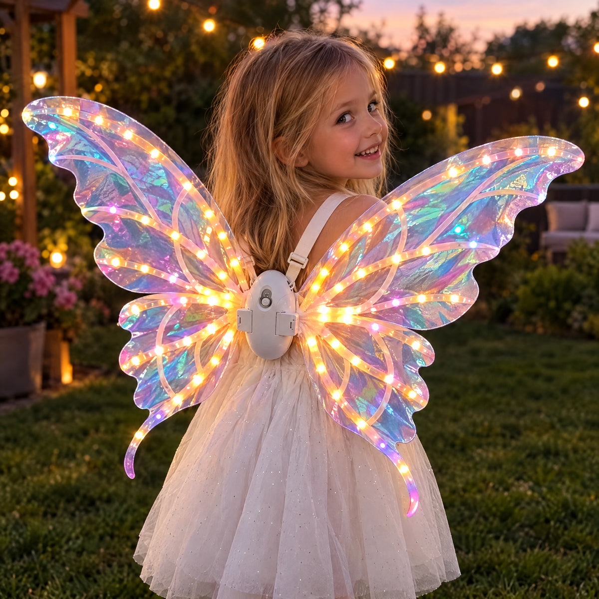 A girl in a garden wearing the light-up fairy wings, lit and spread open