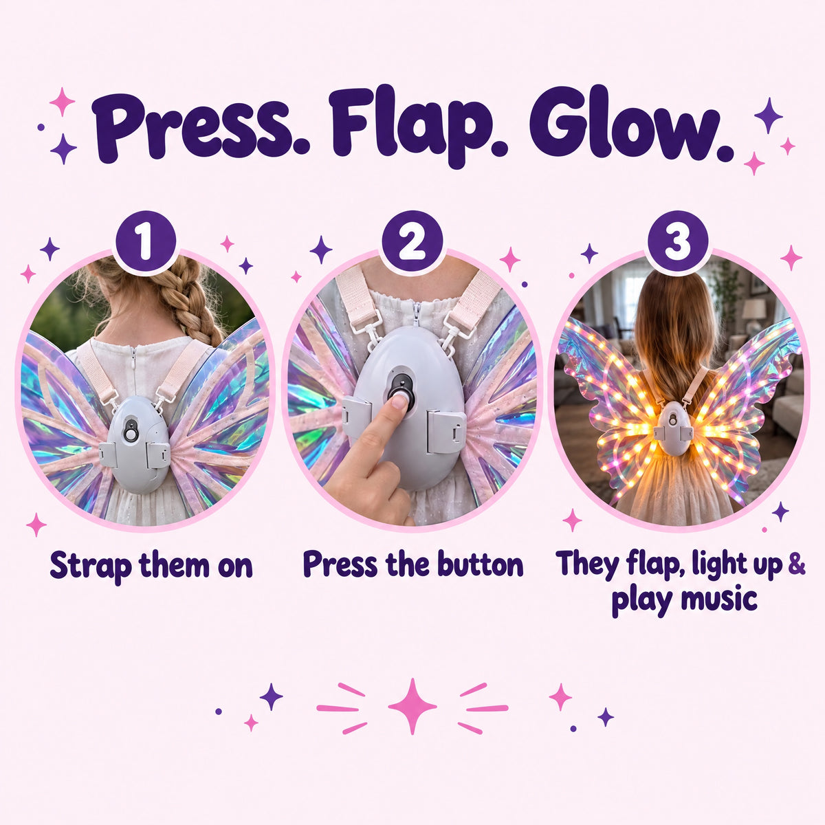 Press the button: the wings flap, light up and play music