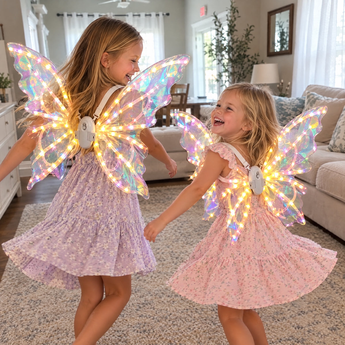 Two sisters wearing matching fairy wings