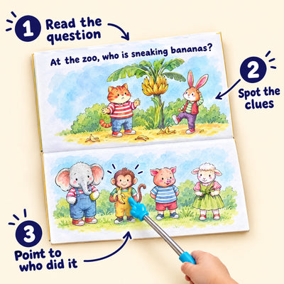 How it works: read the question, spot the clues, point to who did it