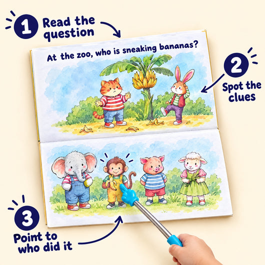 How it works: read the question, spot the clues, point to who did it