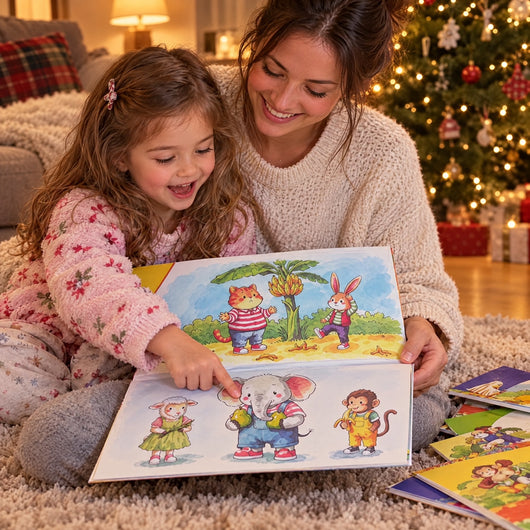 A mum and her daughter solving a Little Detective book by the Christmas tree