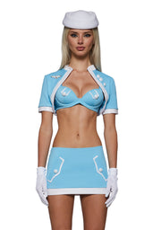 Y2K flight attendant costume in baby blue, front