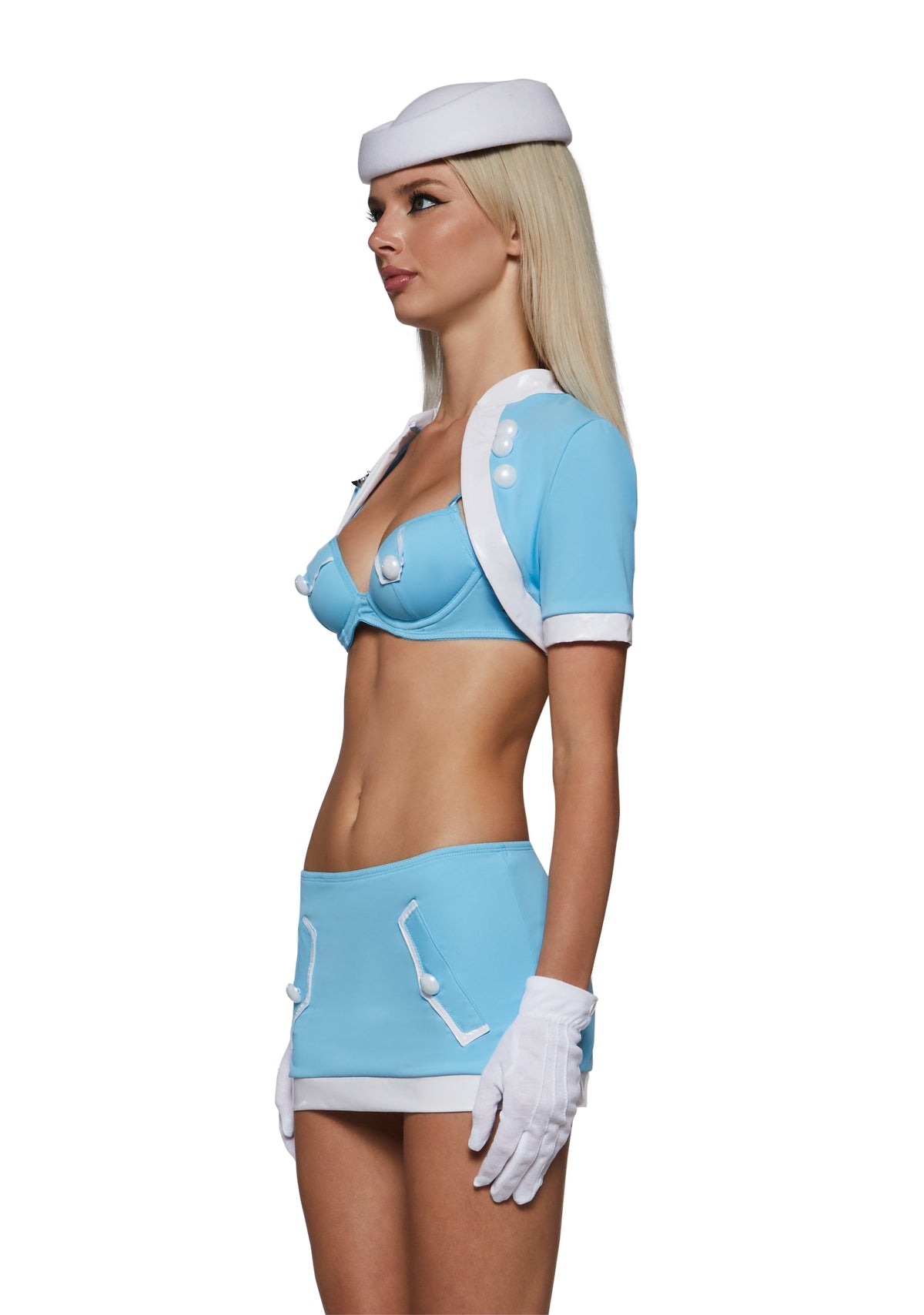 Y2K flight attendant costume in baby blue, side view