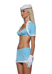 Y2K flight attendant costume in baby blue, side view