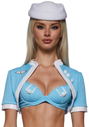 Y2K flight attendant costume in baby blue, close-up