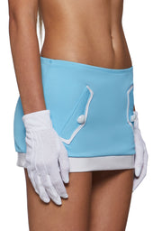 Y2K flight attendant costume in baby blue, skirt detail