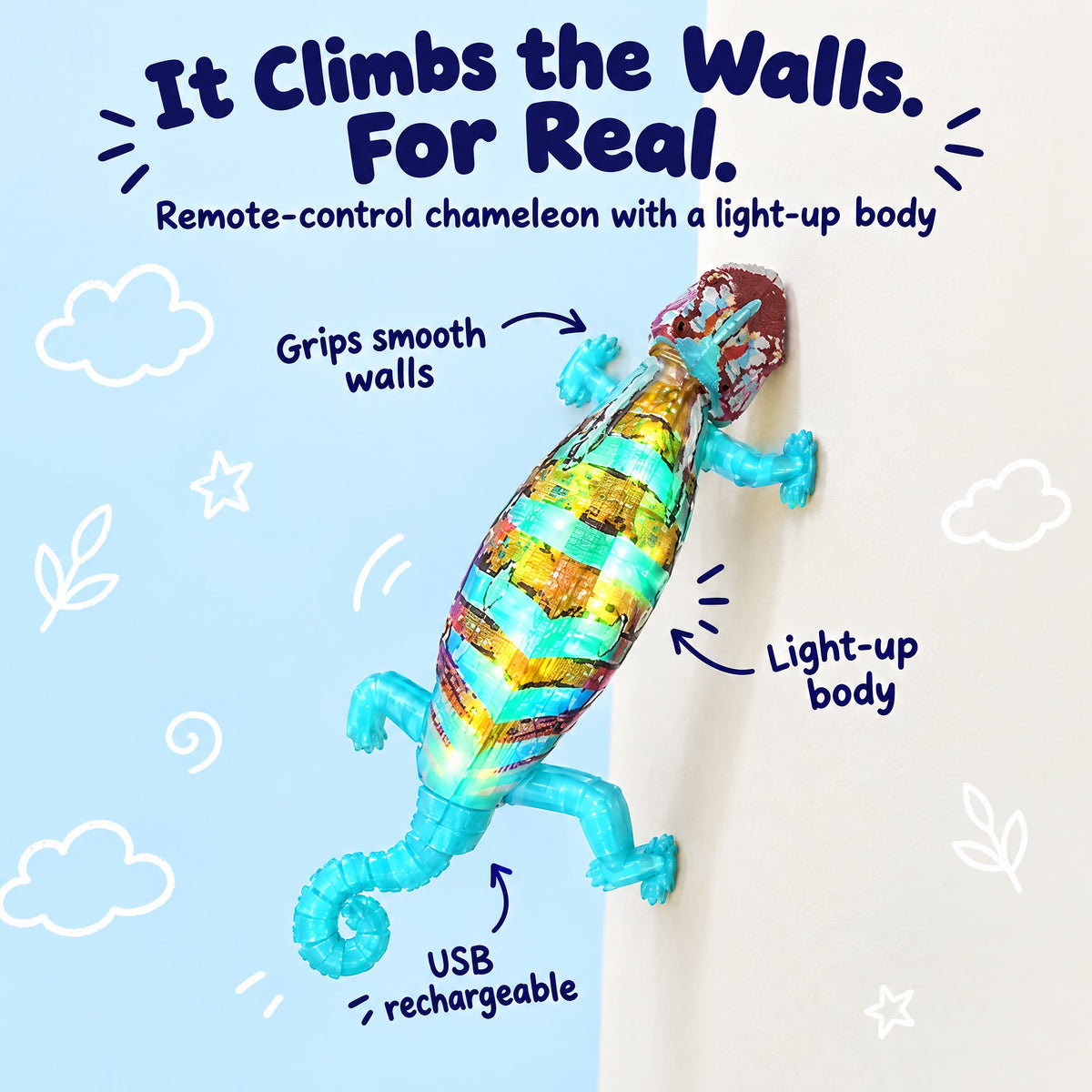The remote-control chameleon climbing a wall