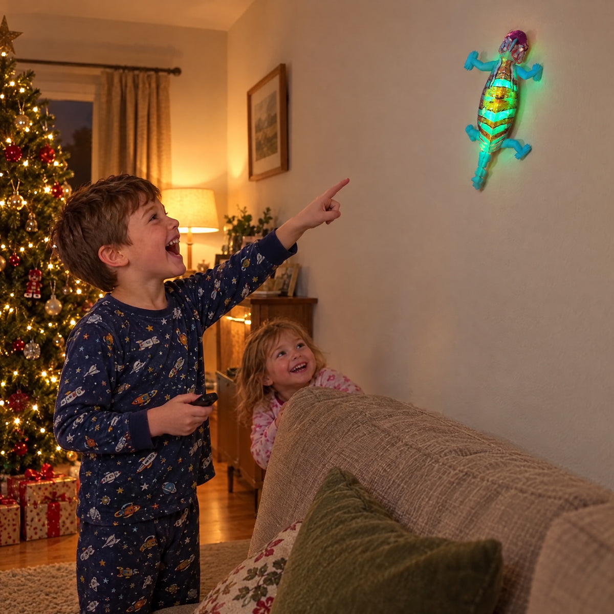 Kids laughing as the chameleon climbs the living-room wall