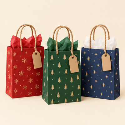 Three Christmas gift bags with tags