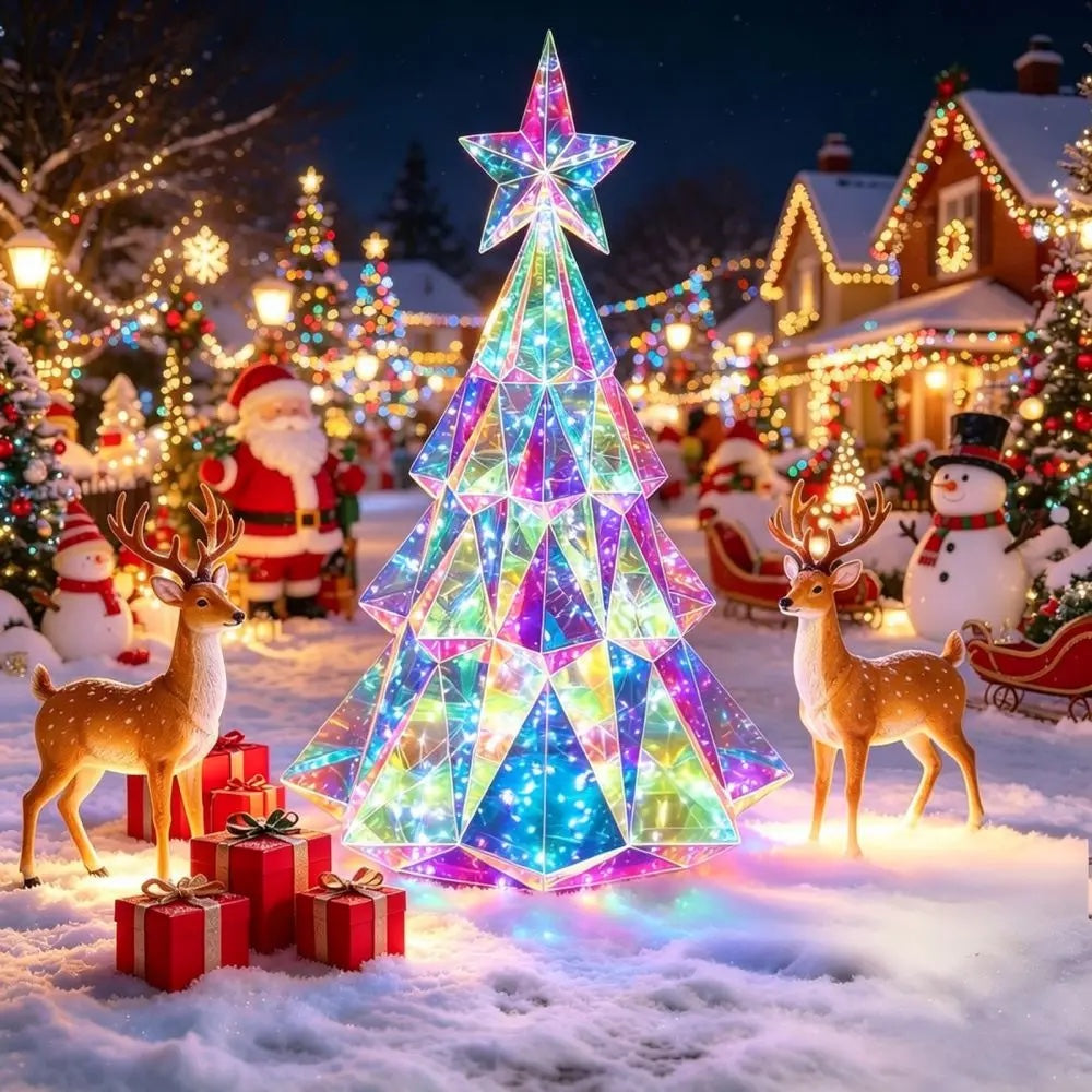 The holographic Christmas tree glowing in a snowy front yard