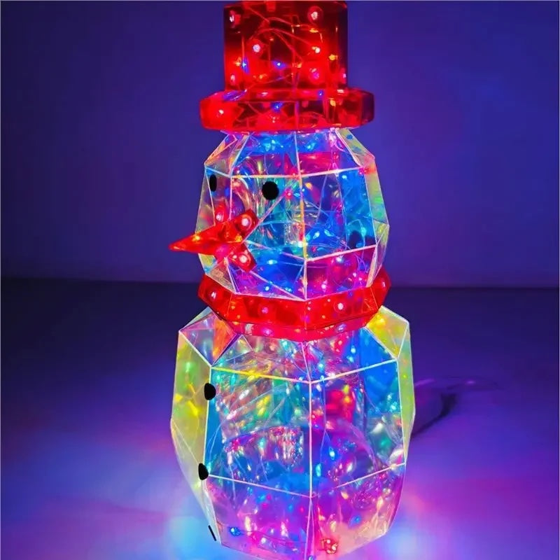 The holographic snowman with a red top hat and scarf, lit from inside