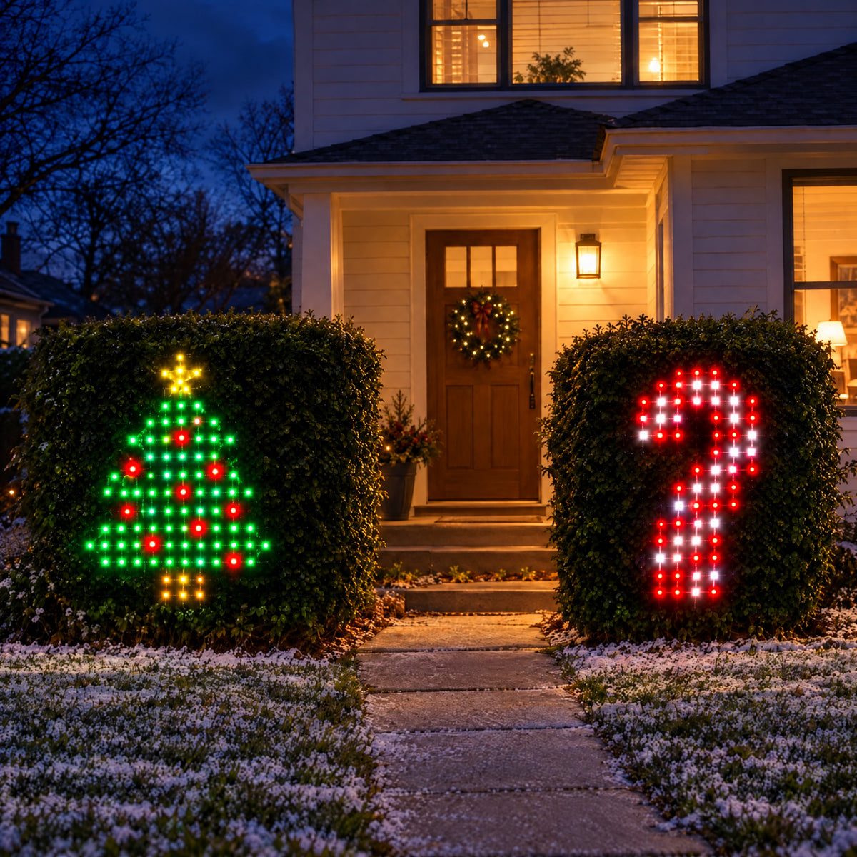Two front bushes in Glow Net lights showing a pixel Christmas tree and candy cane