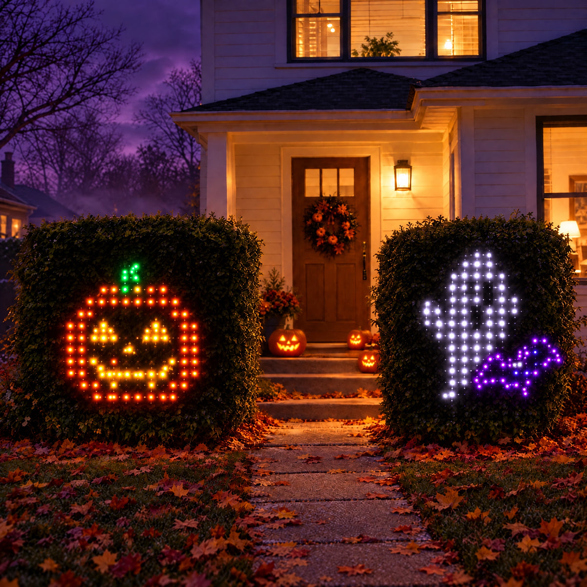 The same front yard at Halloween with a pumpkin face and a ghost