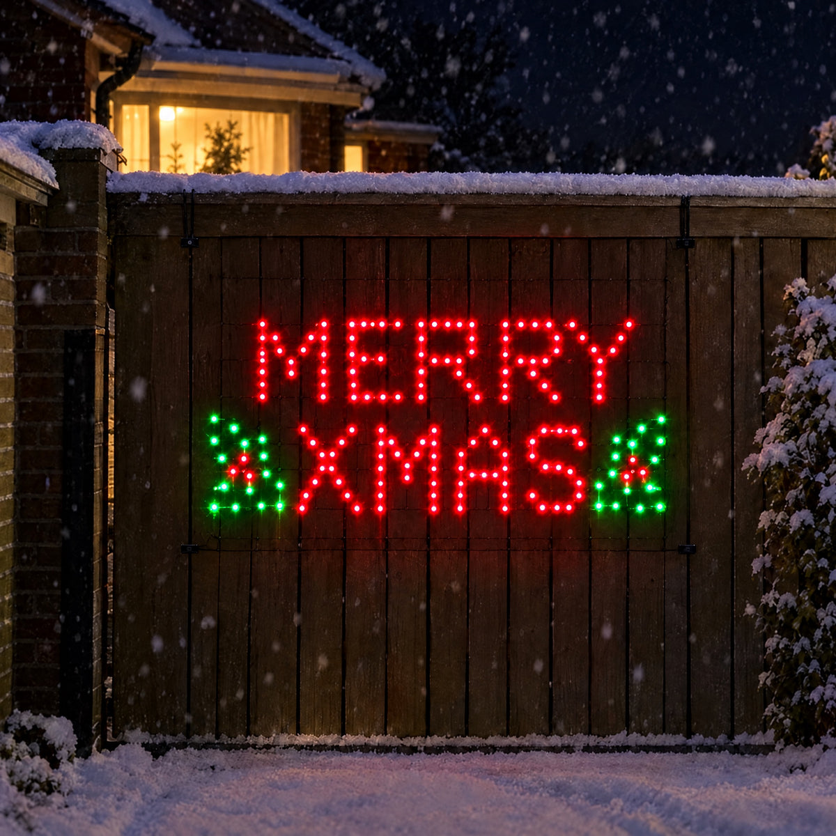 MERRY XMAS in lights on a front fence