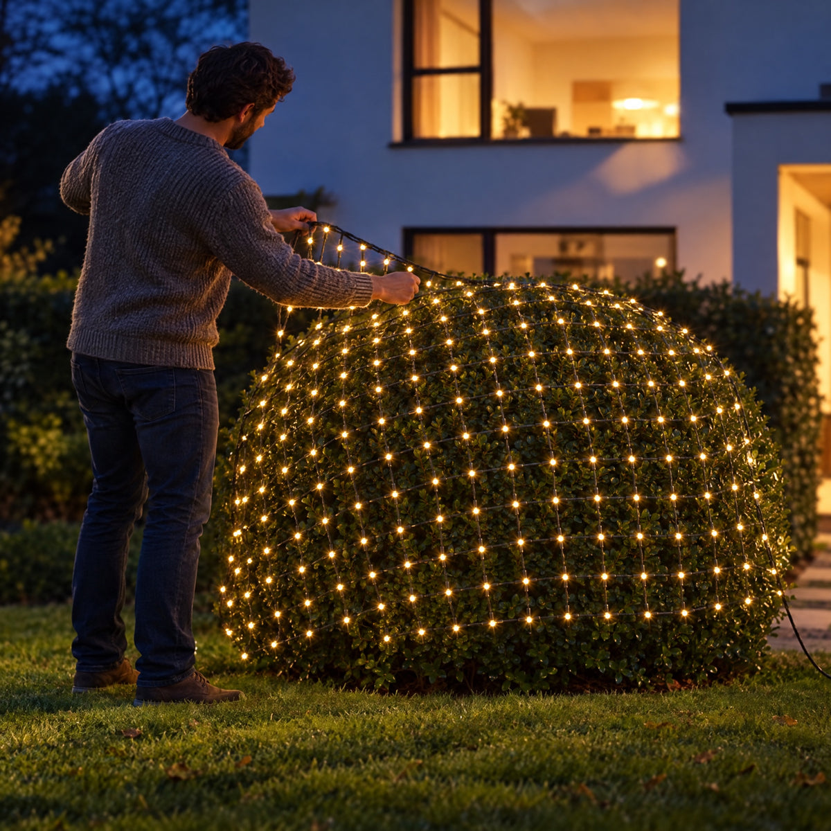 Draping the net light over a shrub without a ladder