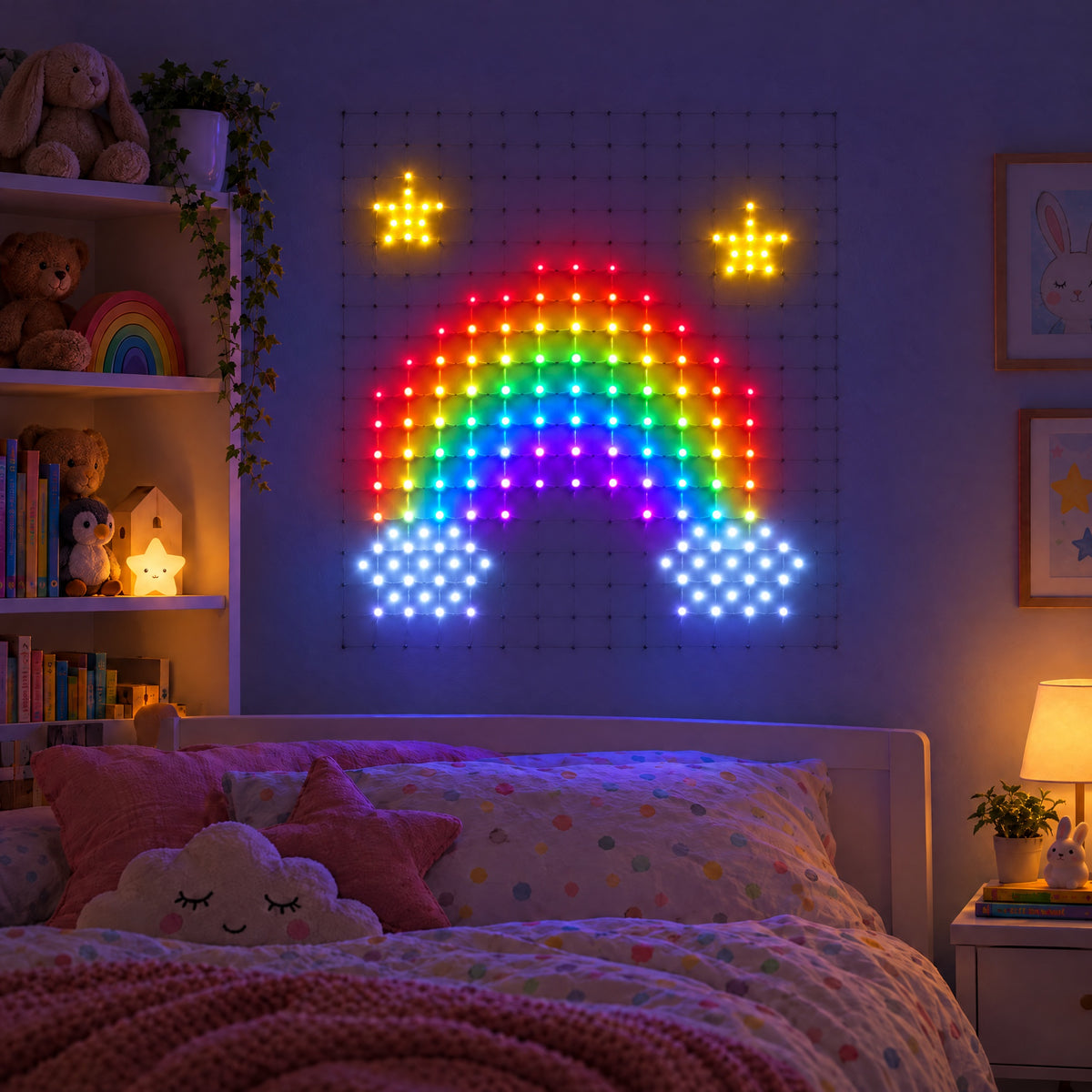 A net light on a bedroom wall showing a rainbow