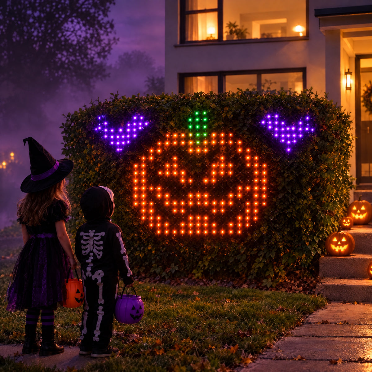 Trick-or-treaters stopping to look at a lit-up pumpkin face on a bush