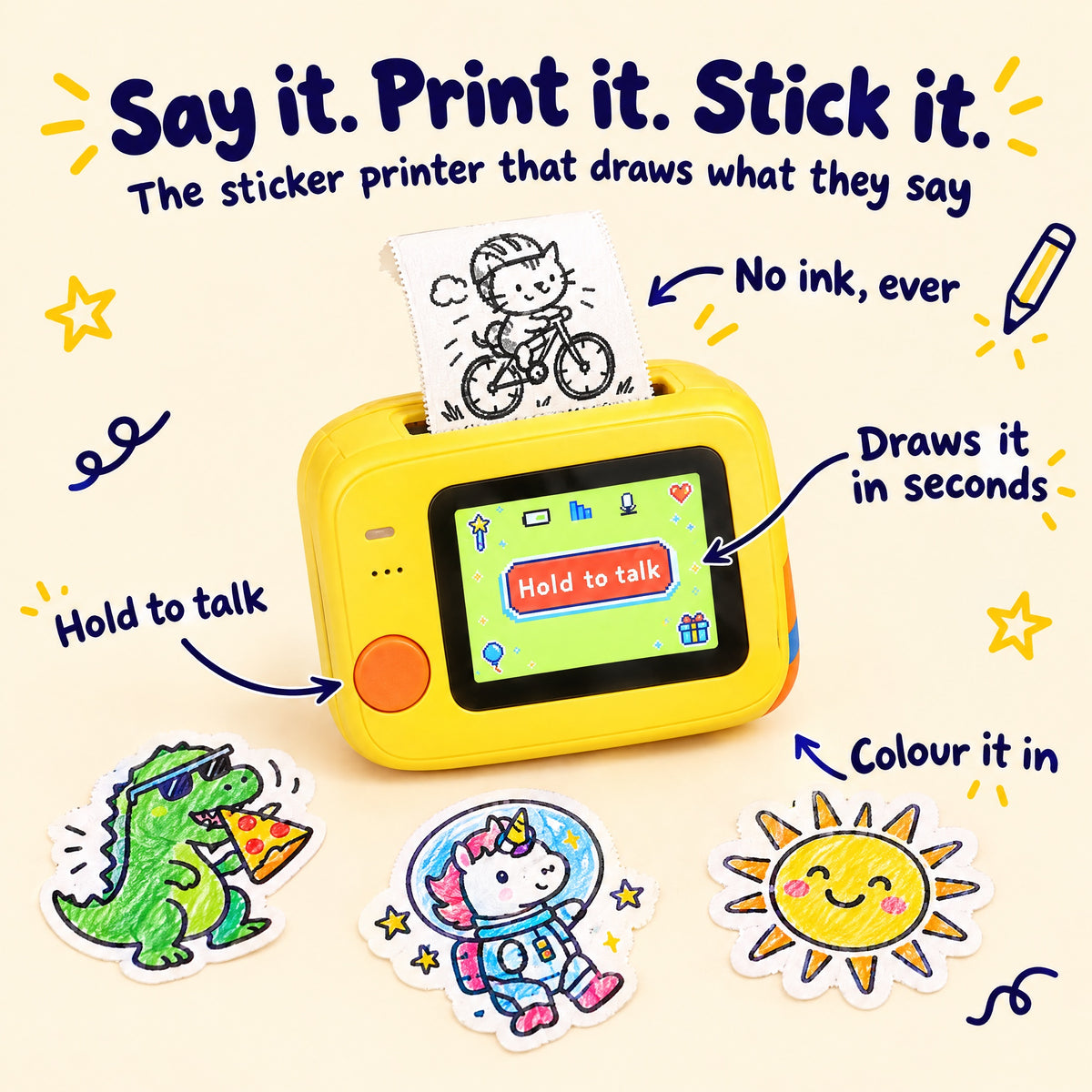 The Say & Print sticker printer printing a cat-on-a-bike sticker