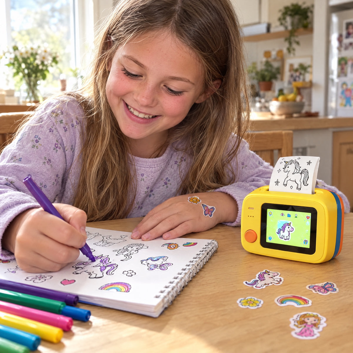 A girl colouring in her printed stickers