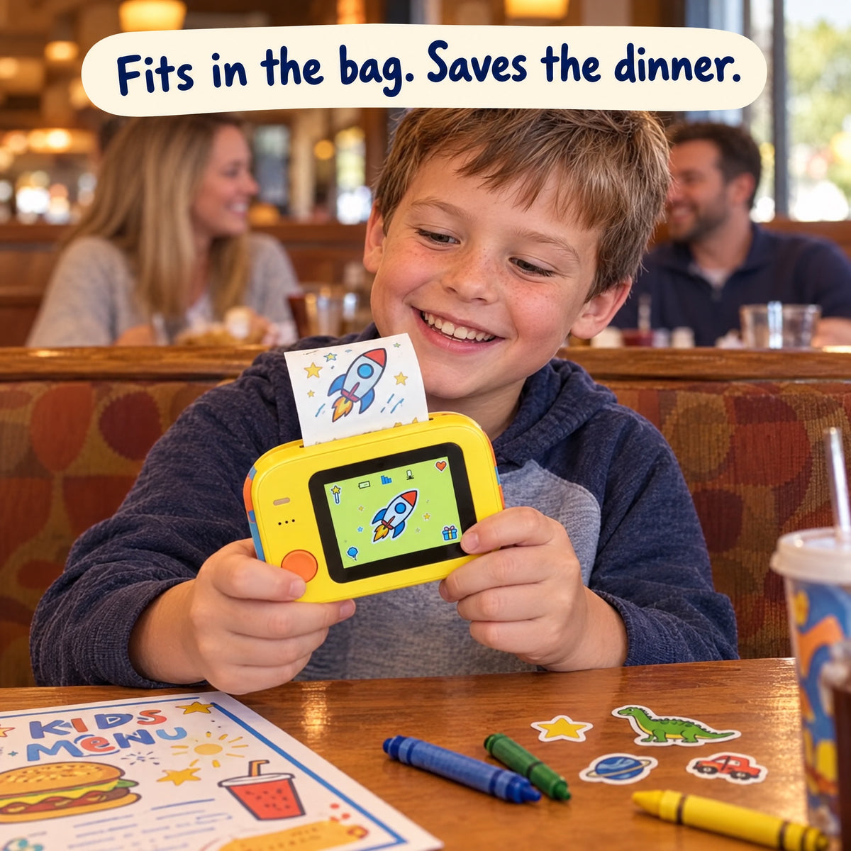 A boy printing a rocket sticker at a restaurant table