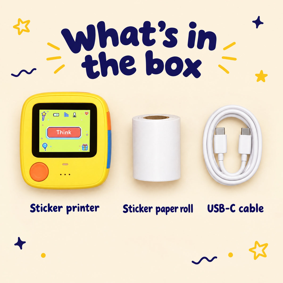 What's in the box: sticker printer, sticker paper roll, USB-C cable