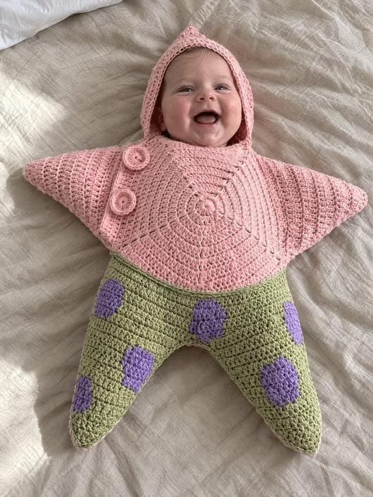 Hand-crocheted starfish suit in Pinky Green, on a baby