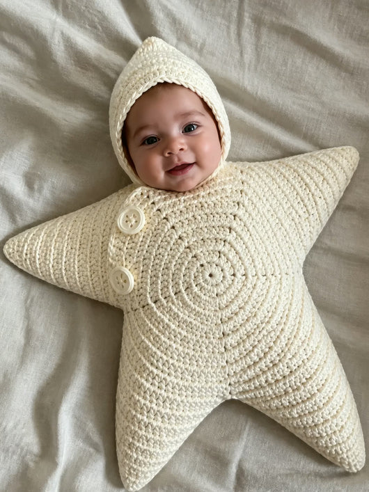 Hand-crocheted starfish suit in Cloud White, close-up