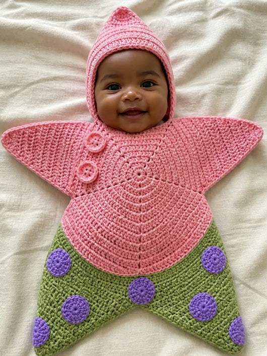 Hand-crocheted starfish suit in Pinky Green, on a baby