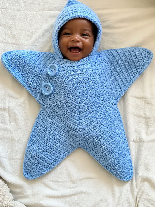 Hand-crocheted starfish suit in Sky Blue, on a baby