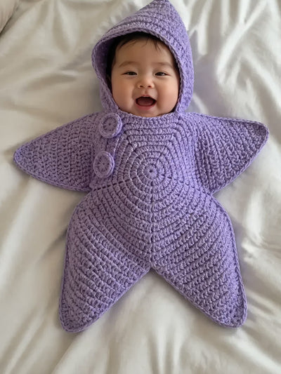 Hand-crocheted starfish suit in Lavender, on a baby