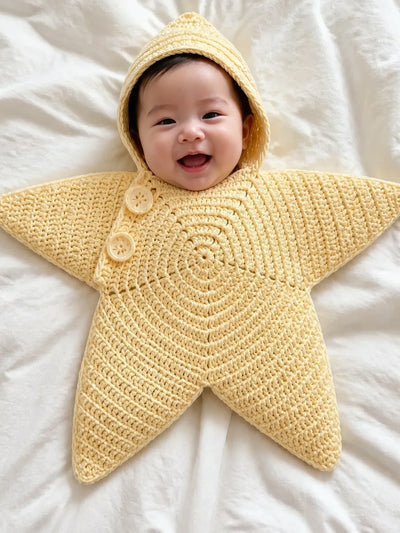 Hand-crocheted starfish suit in Sunshine Yellow, on a baby