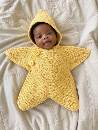 Hand-crocheted starfish suit in Sunshine Yellow, on a baby