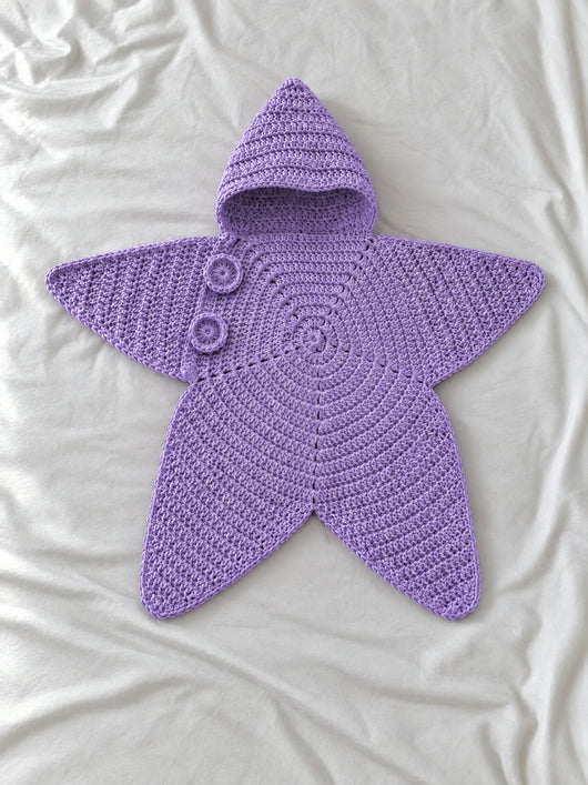 Hand-crocheted starfish suit in Lavender, flat lay